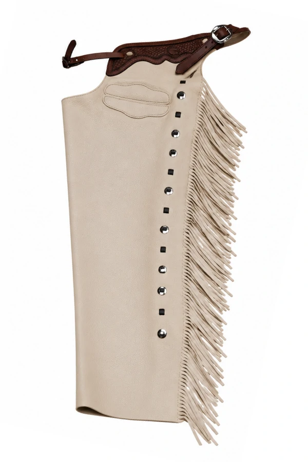 ivory-frontier-fringe-shotgun-chaps Ivory Frontier Fringe Shotgun Chaps with Tooled Brown Leather Yoke