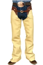 Ivory Leather Shotgun Chaps Worn with Western Outfit