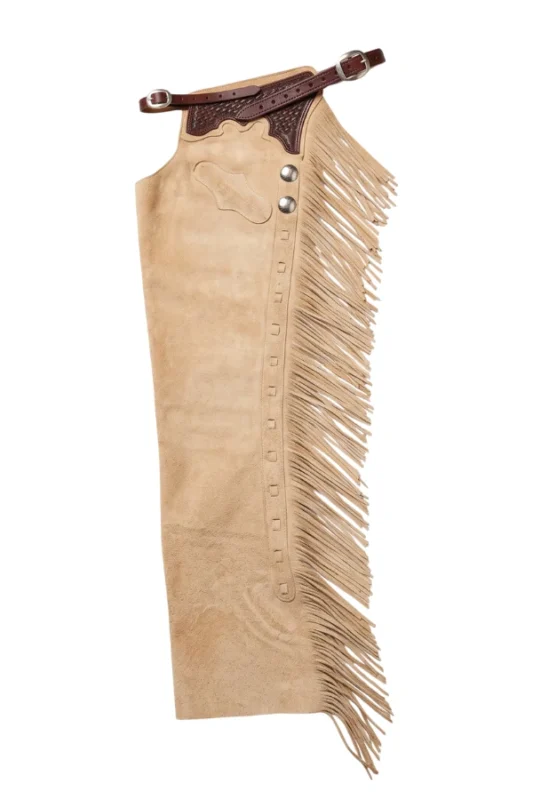 Ivory Trail Fringe Shotgun Chaps with Tooled Brown Yoke