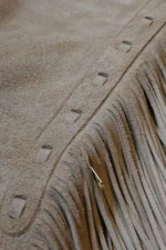 Ivory Trail Fringe Shotgun Chaps with Tooled Brown Yoke Details View