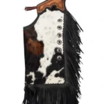 Lone Star Hide Cowhide Chink Chaps with Tooled Leather Yoke and Black Fringe