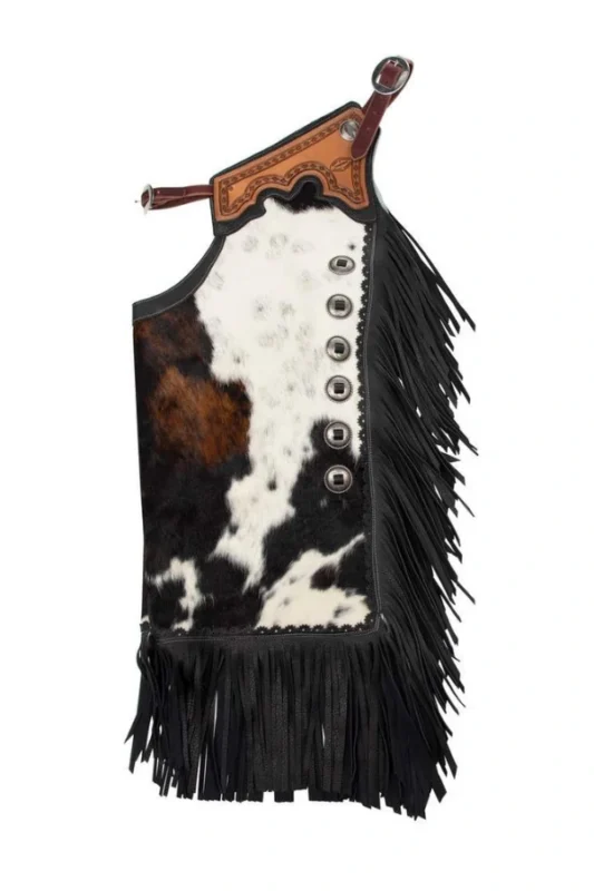 Lone Star Hide Cowhide Chink Chaps with Tooled Leather Yoke and Black Fringe