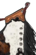 Lone Star Hide Cowhide Chink Chaps with Tooled Leather Yoke and Black Fringe Details View