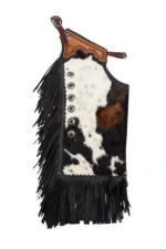 Hair-On Cowhide Chink Chaps with Silver Conchos and Black Fringe Back View