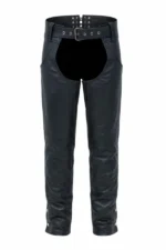 mens black insulated winter leather motorcycle chaps front