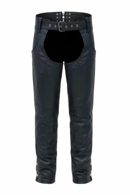 mens black insulated winter leather motorcycle chaps front