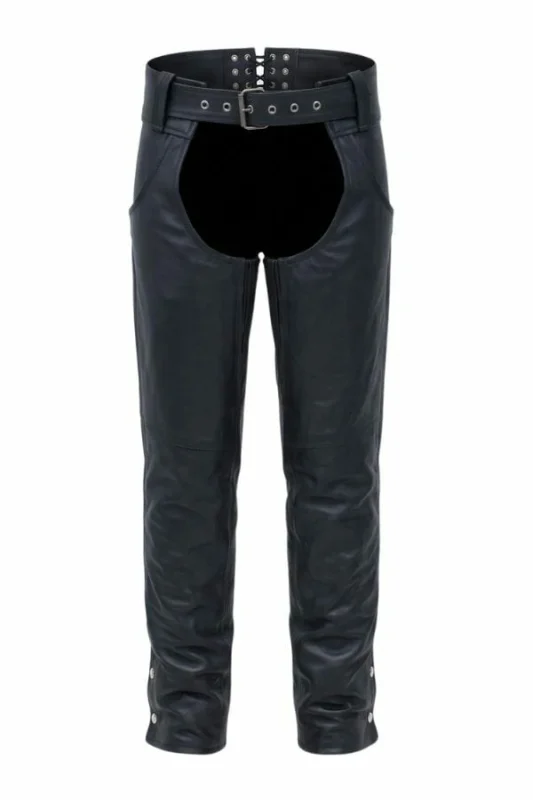 mens black insulated winter leather motorcycle chaps front