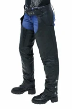 mens black insulated winter leather motorcycle chaps open view