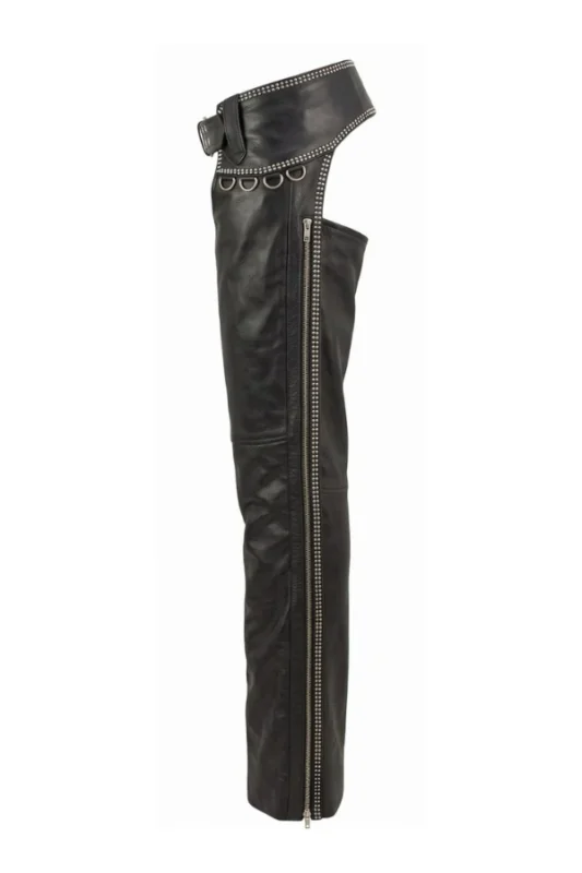Midnight Edge Women's Studded Black Leather Motorcycle Chaps Side View