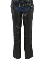Midnight Edge Women's Studded Black Leather Motorcycle Chaps Worn View