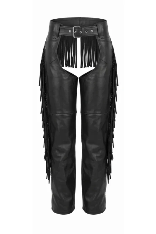 Midnight Fringe Women's Black Leather Motorcycle Chaps