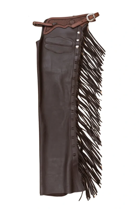 Midnight Mesa Shotgun Chaps with Tooled Leather Yoke and Fringe