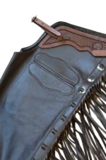 Midnight Mesa Shotgun Chaps with Tooled Leather Yoke and Fringe Pocket