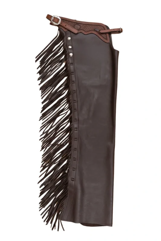 Midnight Mesa Leather Shotgun Chaps with Long Fringe Side View