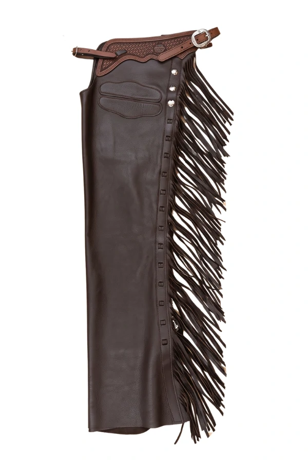 midnight-mesa-shotgun-chaps-tooled-yoke-fringe Midnight Mesa Shotgun Chaps with Tooled Leather Yoke and Fringe