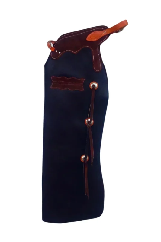 Midnight Navy Batwing Chaps with Burgundy Leather Yoke and Concho Accents