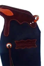 Midnight Navy Batwing Chaps with Burgundy Leather Yoke and Concho Accents Pocket View