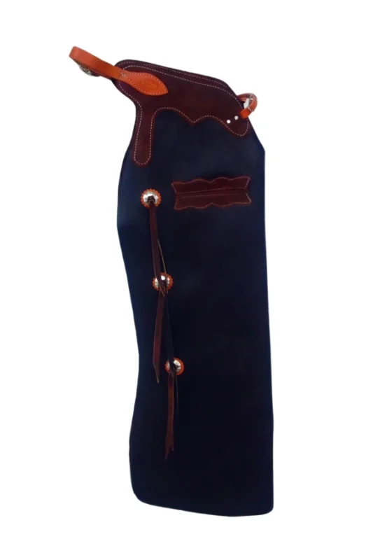 Midnight Navy Batwing Chaps with Burgundy Leather Yoke and Concho Accents Side View