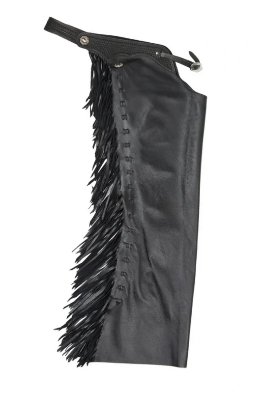 Midnight Rider Black Leather Fringe Shotgun Chaps Side View