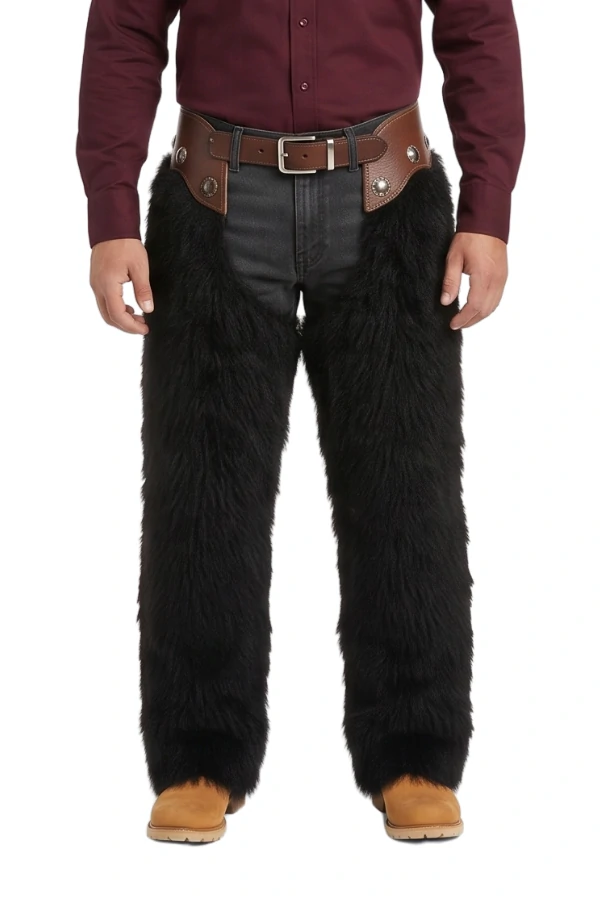 midnight-ridge-woolies-chaps-brown-leather Midnight Ridge Woolies Chaps with Brown Leather Trim