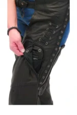 Midnight Rivet Women's Black Leather Motorcycle Riding Chaps Pocket Details