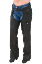 Midnight Rivet Women's Black Leather Motorcycle Riding Chaps Worn View