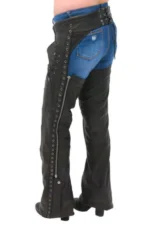 Midnight Rivet Women's Black Leather Motorcycle Riding Chaps Worn Back View
