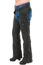 Midnight Rivet Women's Black Leather Motorcycle Riding Chaps Worn Side View