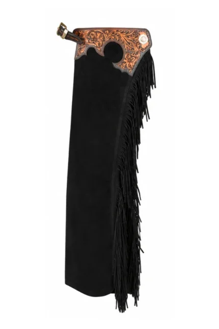 Midnight Tooled Leather Western Show Chaps with Long Black Fringe