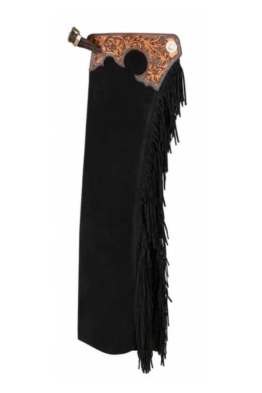 Midnight Tooled Leather Western Show Chaps with Long Black Fringe