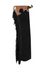 Midnight Tooled Leather Western Show Chaps with Long Black Fringe Side View