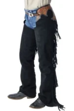 Midnight Tooled Leather Western Show Chaps with Long Black Fringe Worn View