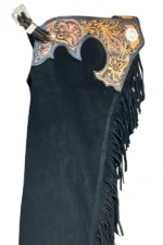 Midnight Tooled Leather Western Show Chaps with Long Black Fringe Yoke View