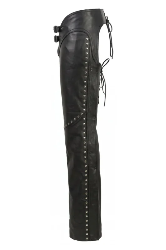 Nightfall Stud Women's Black Leather Motorcycle Chaps Side View
