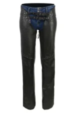 Nightfall Stud Women's Black Leather Motorcycle Chaps Worn View