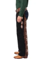 Obsidian Black Woolies Chaps with Concho and Fringe Details Side View