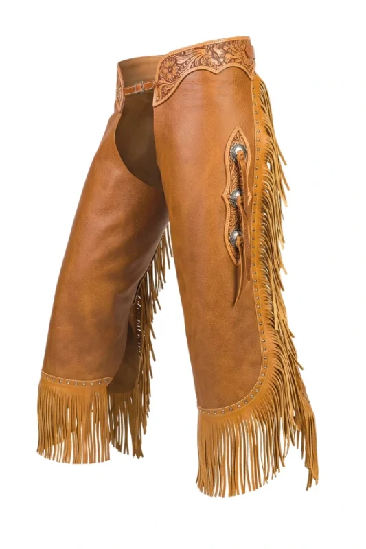 Prairie Crest Leather Chink Chaps with Floral Tooling and Long Fringe