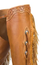 Prairie Crest Leather Chink Chaps with Floral Tooling and Long Fringe Details View