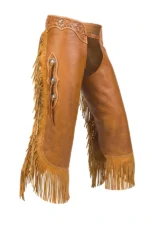 Prairie Crest Leather Chink Chaps with Floral Tooling and Long Fringe Side View