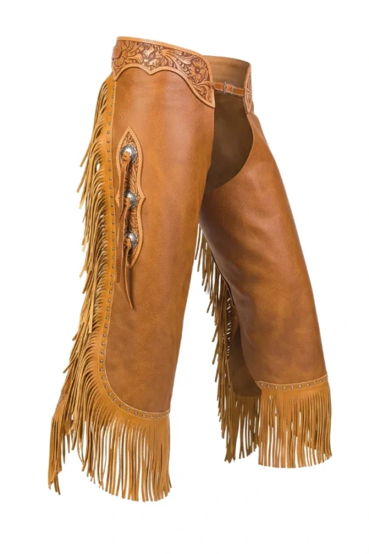 Prairie Crest Leather Chink Chaps with Floral Tooling and Long Fringe Side View