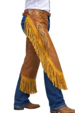 Prairie Crest Leather Chink Chaps with Floral Tooling and Long Fringe Worn View