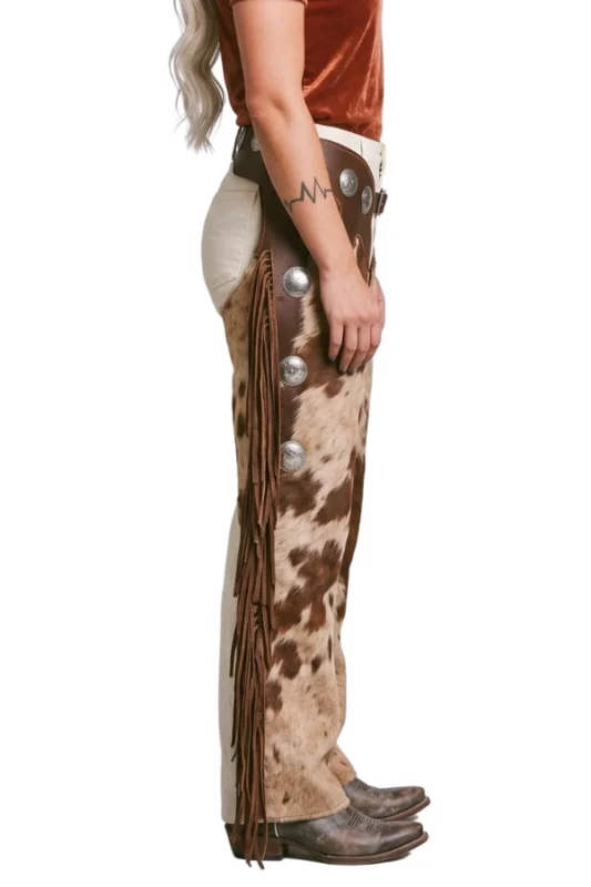 Prairie Hide Woolies Chaps with Spotted Hair-On and Fringe Side View