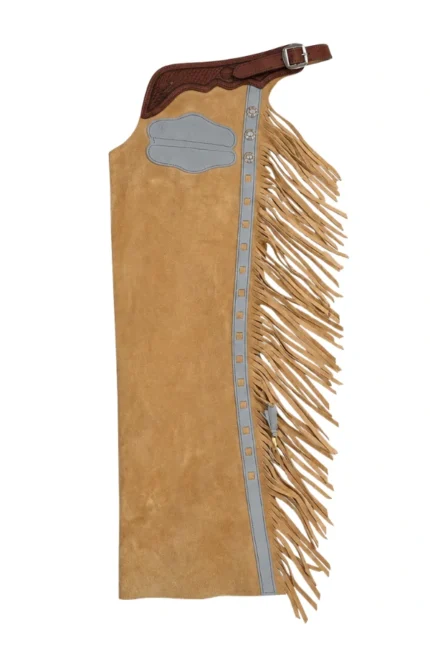 Prairie Silver Western Fringe Shotgun Chaps with Tooled Brown Leather Yoke