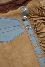 Prairie Silver Western Fringe Shotgun Chaps with Tooled Brown Leather Yoke Conchos View