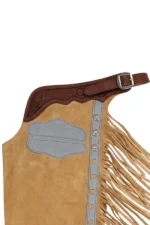 Prairie Silver Western Fringe Shotgun Chaps with Tooled Brown Leather Yoke Pocket View