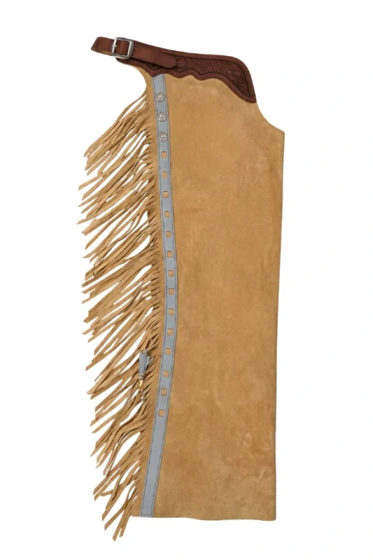 Prairie Silver Western Fringe Shotgun Chaps with Tooled Brown Leather Yoke Side View