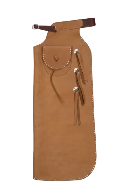 Classic Tan Leather Batwing Chaps with Studded Edge and Front Pocket