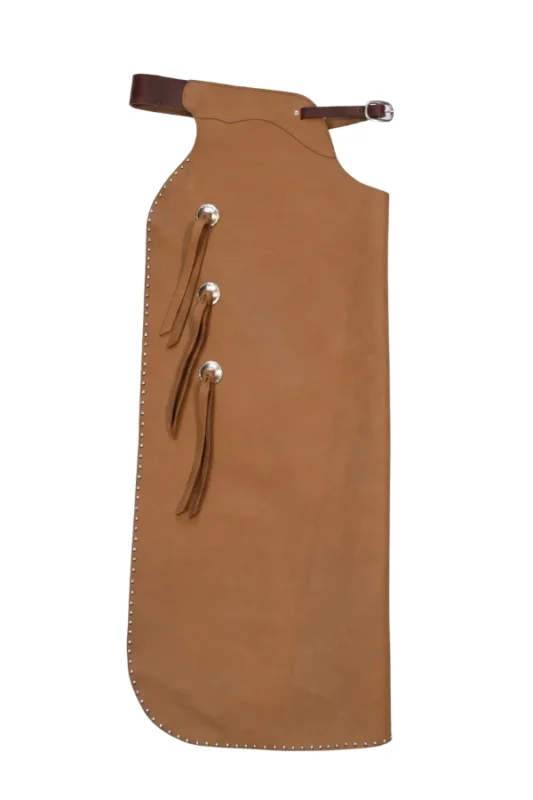 Classic Tan Leather Batwing Chaps with Studded Edge and Front Pocket Side View