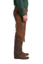 Range Rider Distressed Leather Chink Chaps with Long Fringe Worn Side