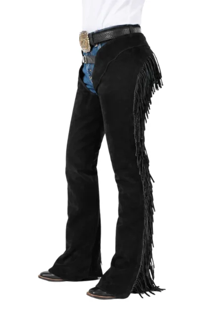 Raven Black Suede Western Show Chaps with Full-Length Fringe